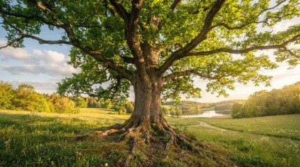 Fototapeta premium A majestic oak tree dominates a serene landscape. The tree’s expansive branches reach towards a bright, golden sky. Lush green grass covers the rolling hills 
