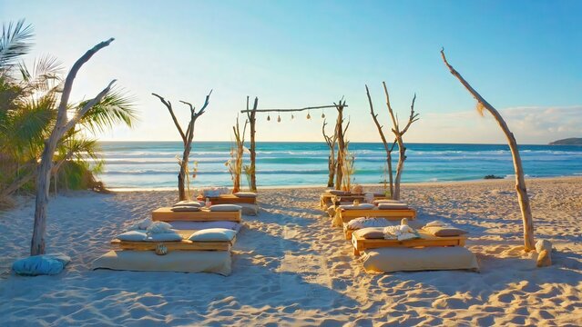 Beach lounge chairs at seaside resort