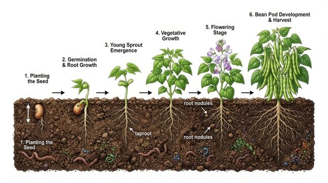 The image illustrates the stages of bean pod development and harvest. It shows a sequence of steps starting with planting a seed