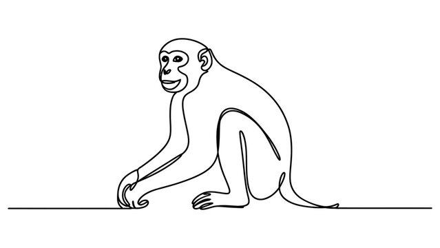 Continuous single line drawing of a cute sitting monkey isolated on a white background Vector, illustration