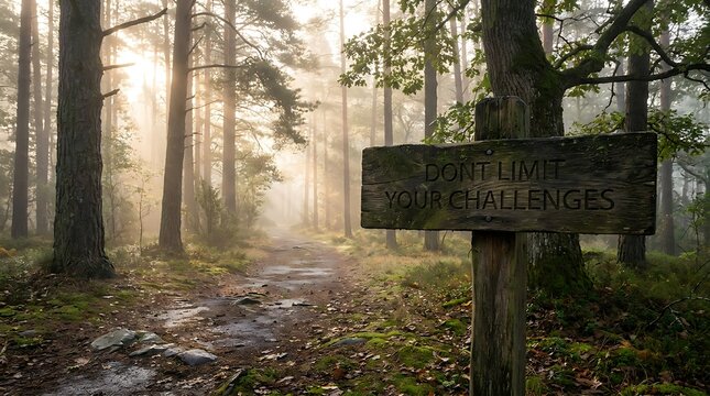 Dont limit your challenges inspirational wooden sign in a misty forest with sunlight breaking through trees.