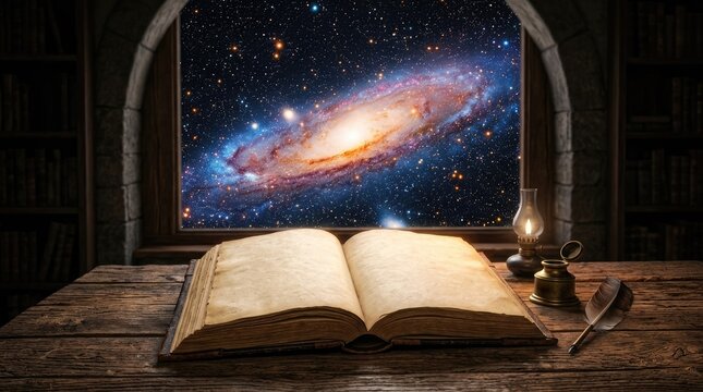 A weathered wooden desk holds an open, ancient book, a quill, and a brass lantern. A large, ornate window frames a breathtaking 