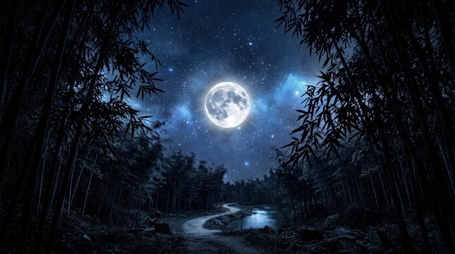 Full moon shining bright in the night sky over a dark forest landscape with a small glowing river flowing through the trees