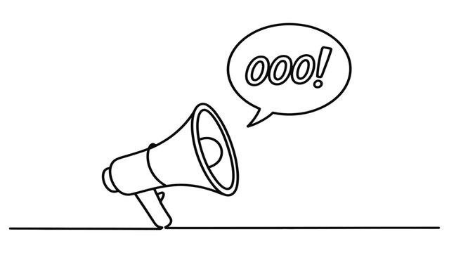 Black and white line art illustration of a megaphone with a speech bubble saying ooo isolated on a white background Vector, illustration