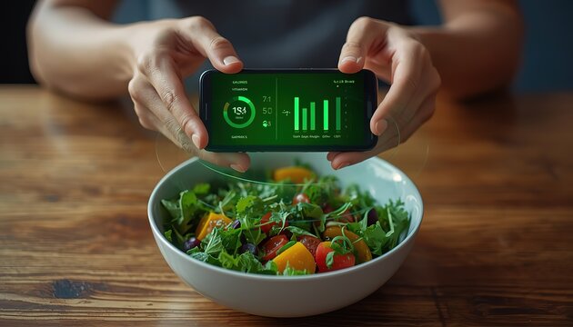 Person using a smartphone app to scan and track the nutritional value of a fresh vegetable salad 1.