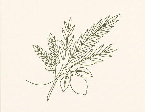 Sukkot Holiday Minimalist Line Art Illustration Featuring Etrog Lulav Palm Willow Myrtle Branches Traditional Jewish Festival Symbol Religious Cultural Celebration Minimalist Style Beige, draw outline