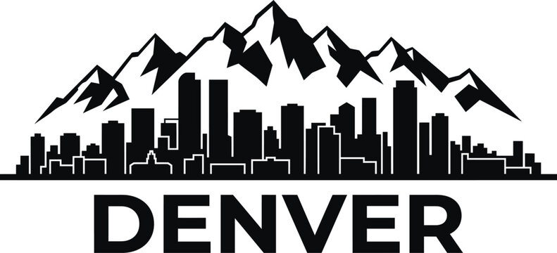 Black and white vector illustration of denver city skyline with mountains backdrop