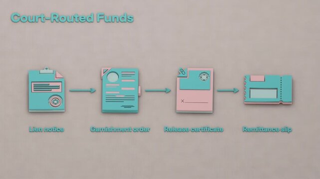 A lien notice initiates the sequence, a writ of garnishment redirects payment, a release certificate closes the legal file, and a remittance slip records the transfer. Flat 3D style.