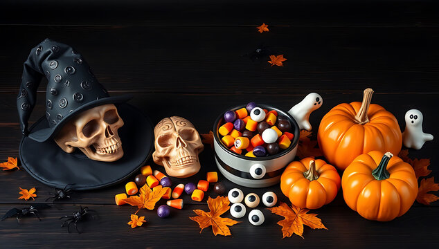 Festive halloween arrangement with human skulls witch hat pumpkins and candy treats on a dark rustic wooden background