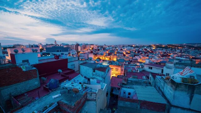 Wide-angle timelapse video of clouds during the blue hour in Tangier, Morocco.