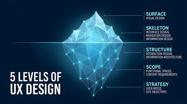 Ux Design Process Hierarchy Concept with Iceberg Infographic on Dark Blue Background