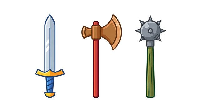 Colorful Vector Set of Three Ancient Medieval Weapons Front View Isolated on White Background