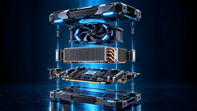Exploded view of a computer graphics card with glowing blue lights