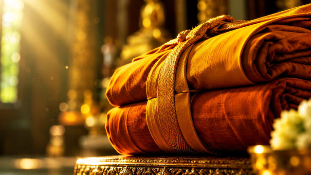 Folded saffron Buddhist monk robes displayed on an ornate golden pedestal in a Thai temple