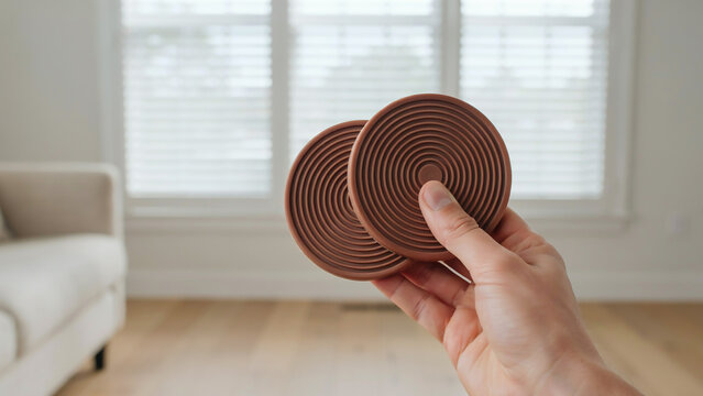  hand holding brown silicone furniture caster cups non slip rubber pads for living room floor protection