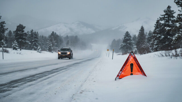 Warning triangle sign on snowy road with car driving in winter blizzard