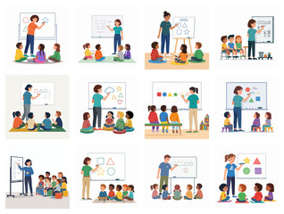 Fototapeta premium Teacher Giving Lesson To Preschool Children In Classroom Vector Set