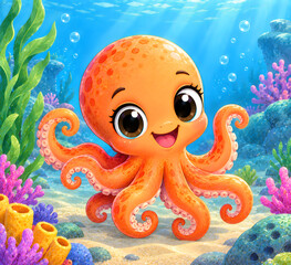 Cute Baby Octopus Underwater in Colorful Coral Reef – Adorable Cartoon Sea Animal Illustration © Apurba