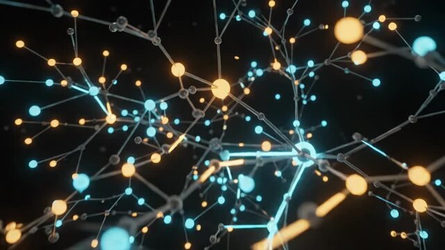 Cinematic slow pan through glowing data network nodes