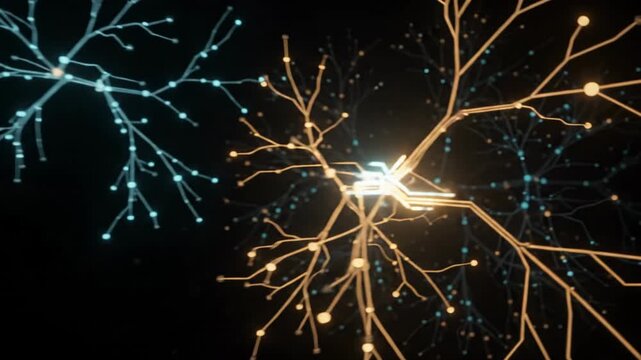 Cinematic slow pan through glowing data network nodes