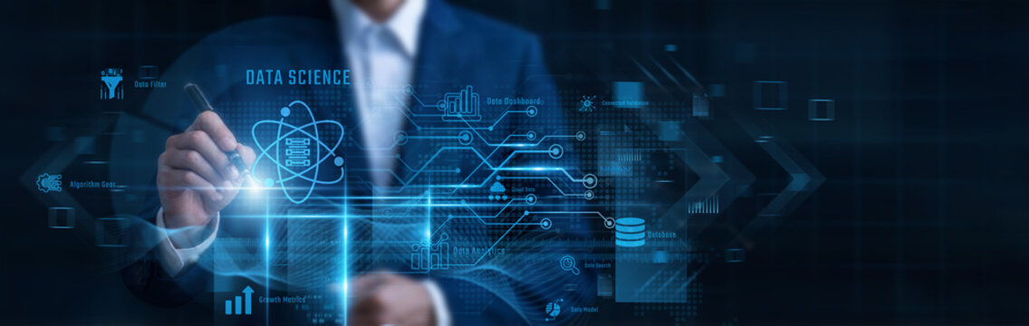 Businessman Pointing Data Science, complex statistical analysis and predictive data modeling, machine learning research, big data analytics, quantitative data extraction, deep data processing logic