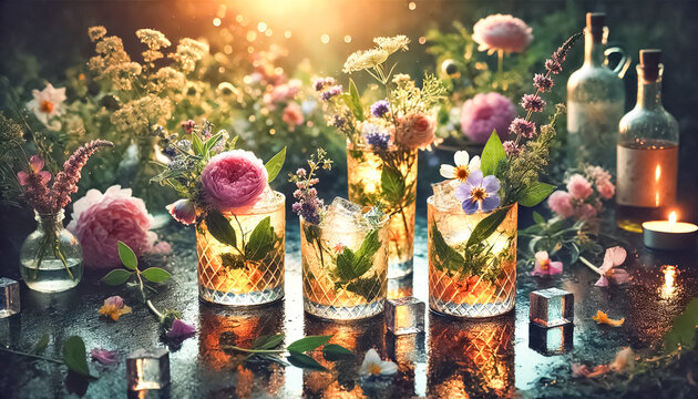Exquisite Botanical Cocktails with Floral Garnishes and Herbal Infusions at Twilight