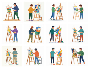 Fototapeta premium Diverse Artists Painting On Easels Collection Flat Vector Illustration
