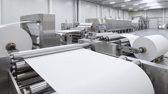 Industrial paper roll machine processing large sheets of white paper in a busy manufacturing factory facility