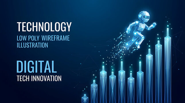Digital Growth Concept Featuring Low Poly Wireframe Robot and Ascending Bar Chart
