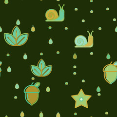 Seamless pattern with stylized snails, acorns, and leaves © lana