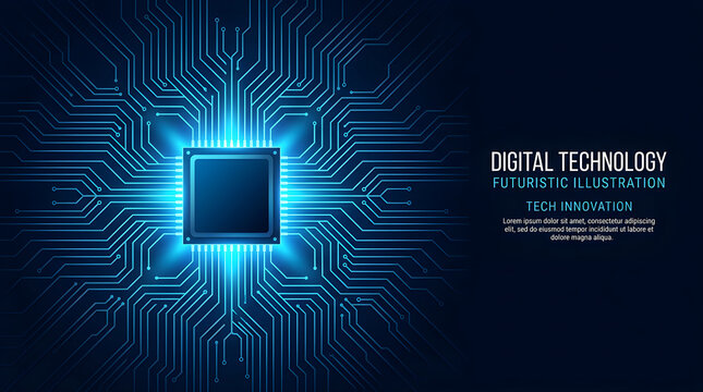 Technology Innovation Concept Microprocessor Chip with Glowing Circuit Lines Abstract Dark Background