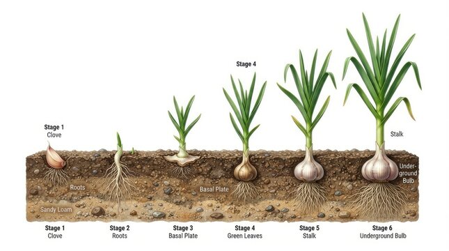The image illustrates the growth stages of an onion plant from clove to underground bulb. It shows a cross-section of soil with an onion bulb and cloves, depicting the progression of stages 