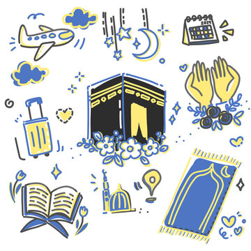 set of go to makkah hand drawn illustrations, hajj sketch cute doodle