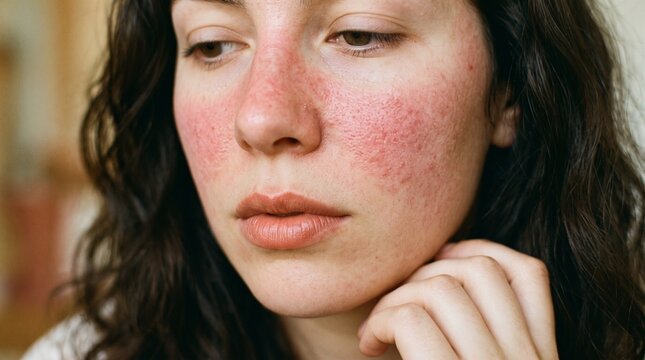 Close-up of a young woman with visible facial redness and flushed skin on her cheeks and nose, possibly indicating a skin condition.