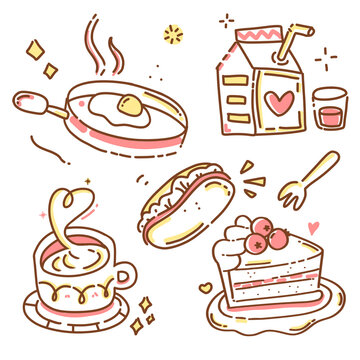 fast food seamless pattern, egg, milk, hotdog, coffee, tea, cake hand drawn doodle set icon for wrapping