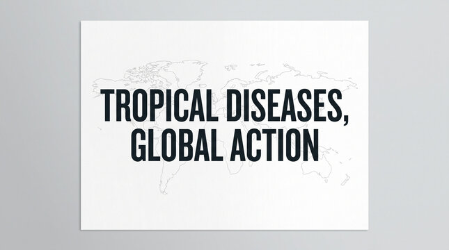 Black text reading tropical diseases global action overlaid on a faint outline of the world map with message about tropical action over light states message bold black