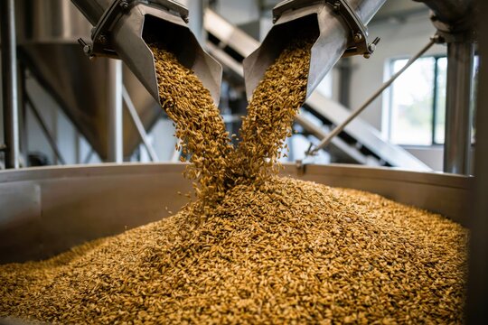 Grains pouring from industrial chutes into a large metal container in a brewery