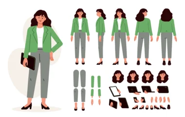 Fotobehang Sportwinkel Woman real estate agent character for animation. Front, side, back poses and postures set. Vector illustration.   © Irina Strelnikova