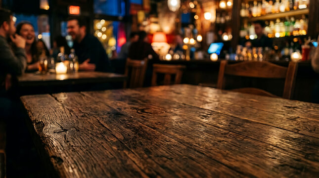 Warmly lit bar interior with blurred people enjoying drinks and conversation