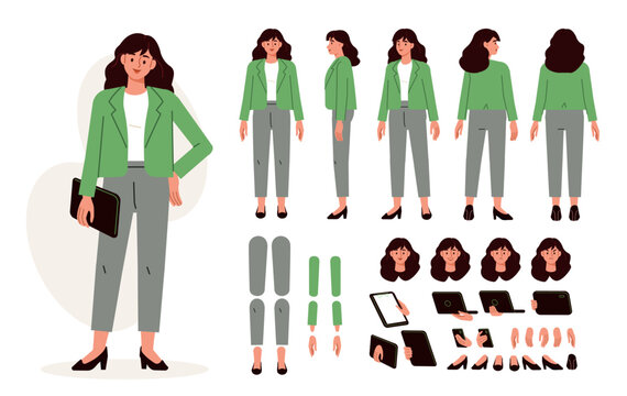 Woman real estate agent character for animation. Front, side, back poses and postures set. Vector illustration. 