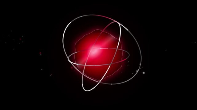 Glowing Red Spherical Core Animation with Orbiting Metallic Rings and Floating Particle Elements