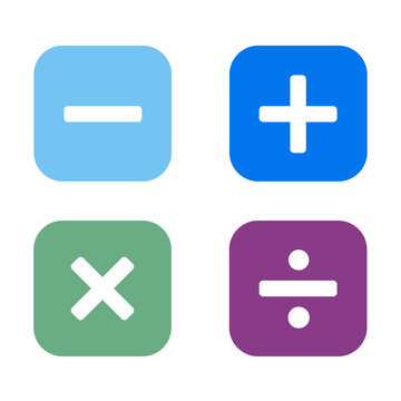 Set of colorful mathematical operator icons including addition, subtraction, multiplication, and division symbols on rounded square buttons