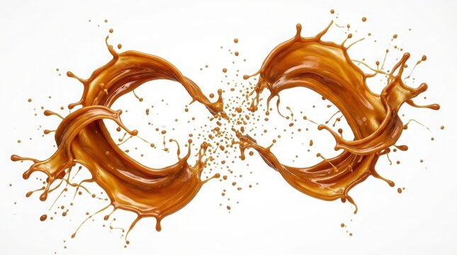 Dynamic infinity symbol made of splashing brown liquid coffee or tea isolated on white background