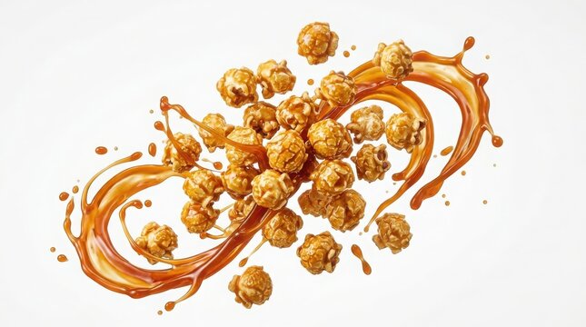 Fresh popcorn kernels flying with a splash of golden caramel sauce