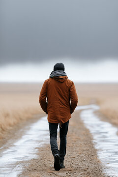 Back view of a lonely man in a jacket walking along a dirt road through a bleak field under a overcast sky.