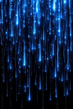 Abstract blue light trails falling on black background, glowing digital rain effect, futuristic neon fiber optic lines for technology design