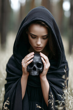 Mysterious woman in a black hood holding a human skull in a dark atmospheric forest.