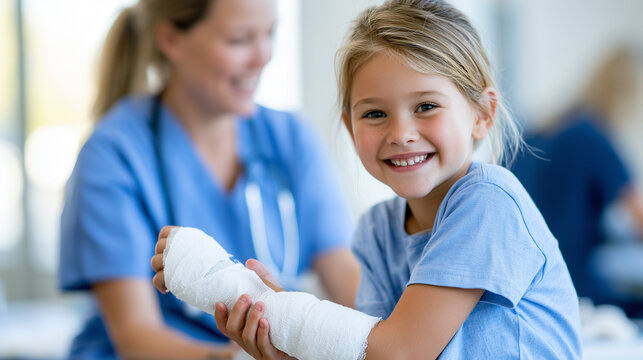 Smiling young girl with a bandaged broken arm sitting in a medical clinic with a nurse.