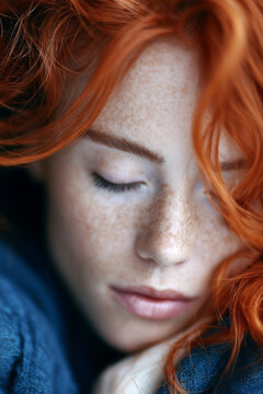 Close up portrait of a serene young woman with vibrant red hair, sleeping peacefully with visible freckles on her face.