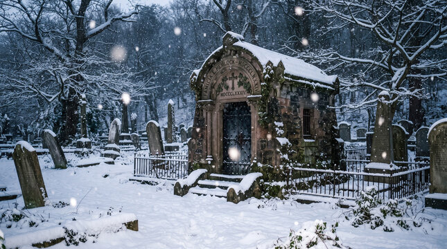 Antiguo mausoleo neog&oacute;tico cubierto de nieve en un cementerio silencioso. Paisaje invernal melanc&oacute;lico.